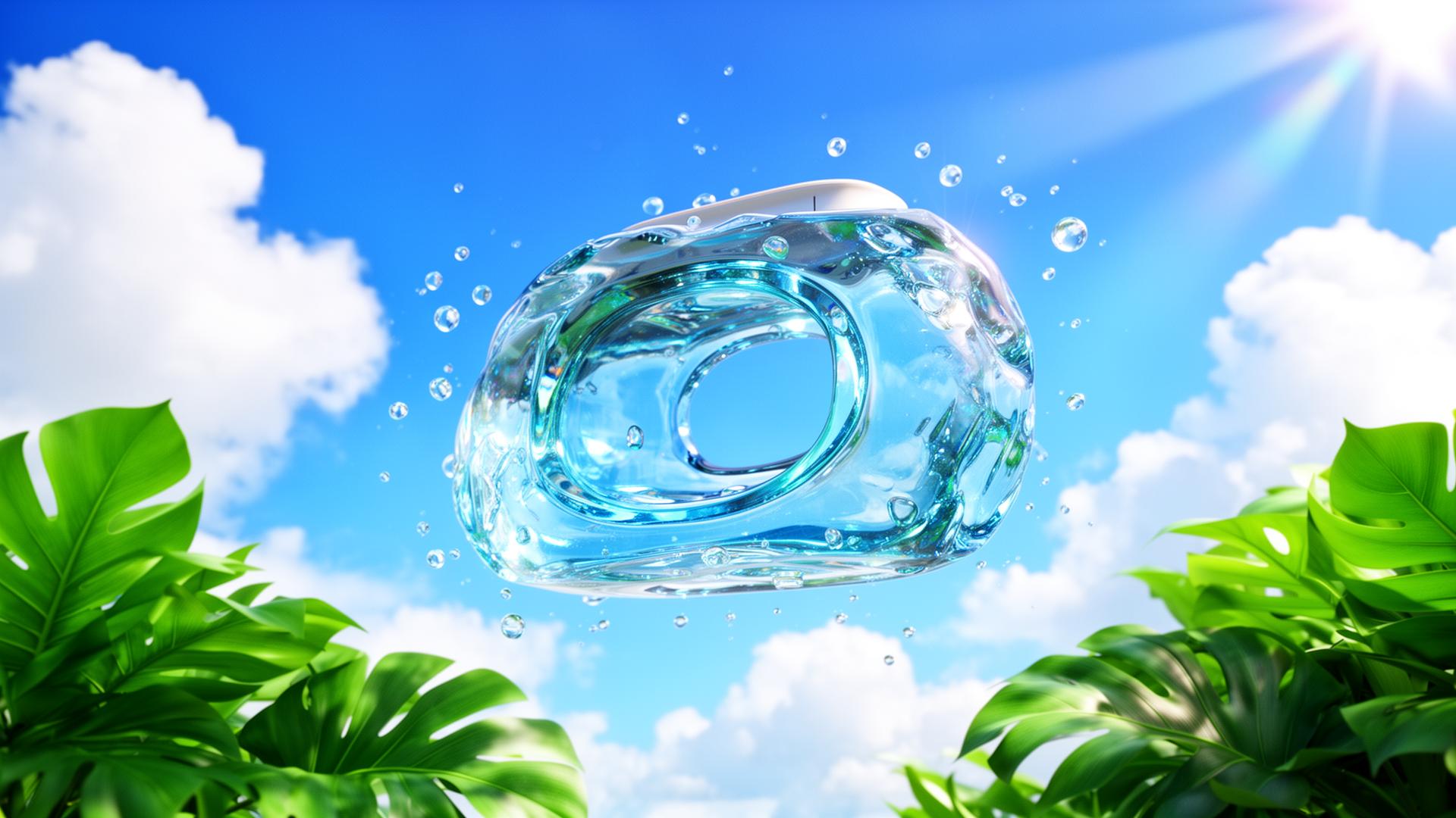 Glossy translucent fish cave floating in a Frutiger Aero sky